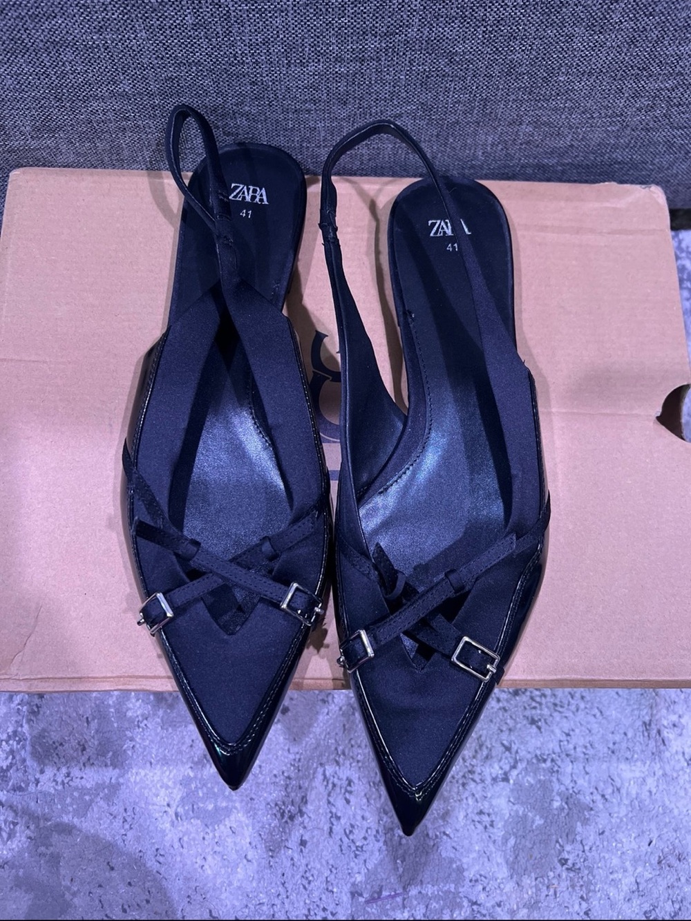 Zara Black Pointed Slingback Flats with Cross-Strap Buckle